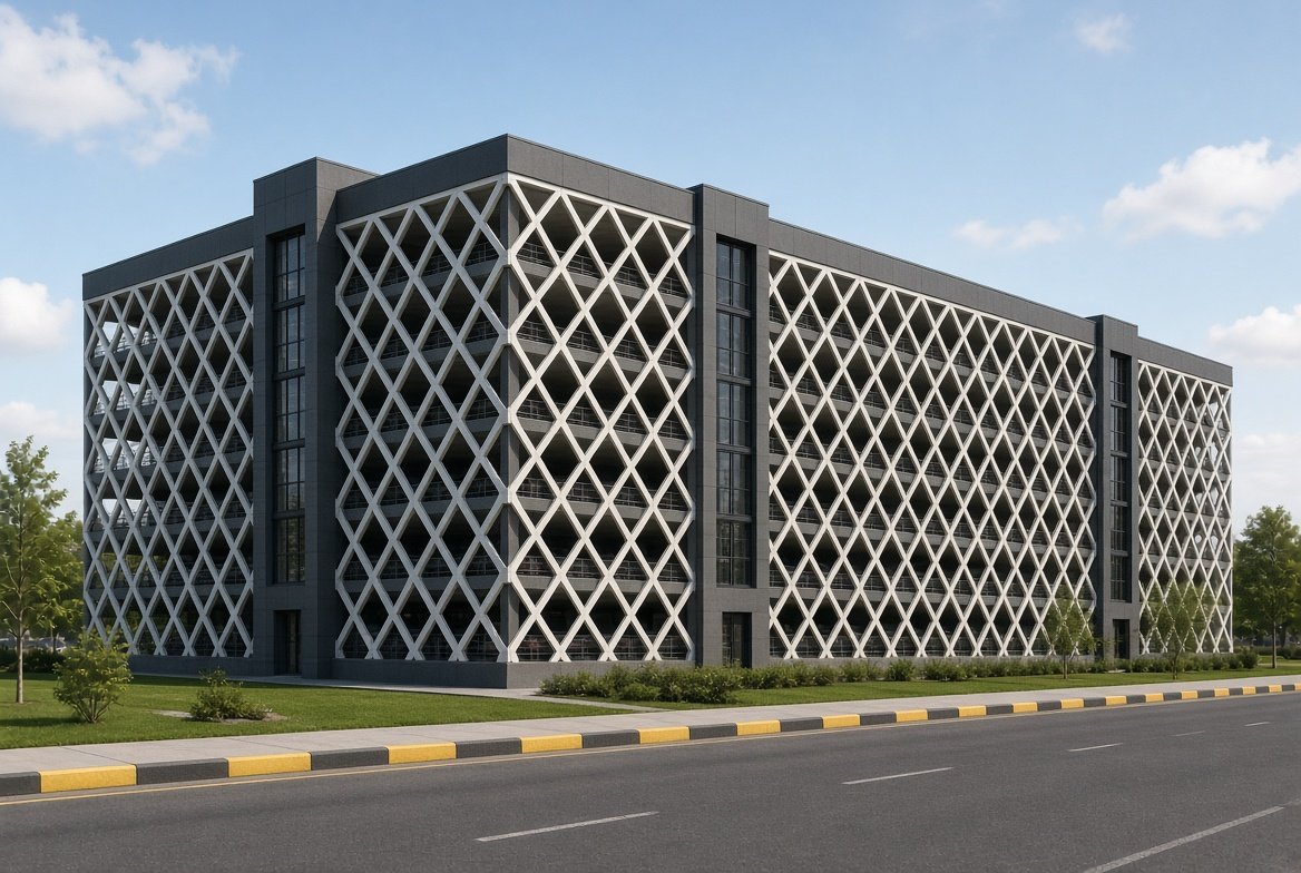 Zenpark parking structure — corner view